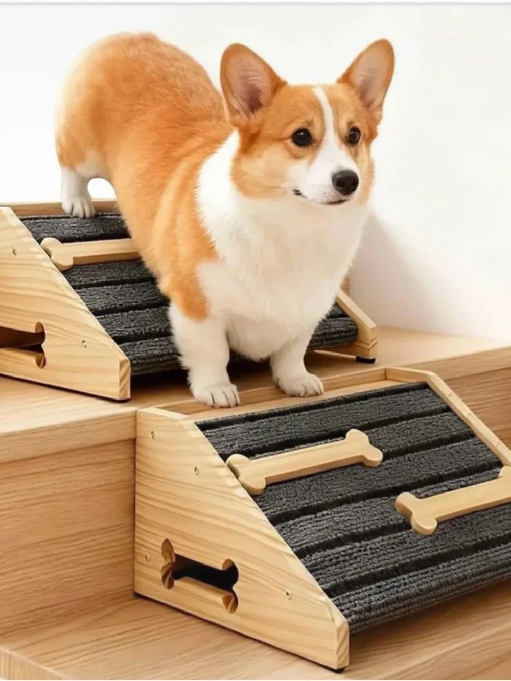 Wooden Pet Ramp with Gray Carpeted Steps for Dogs